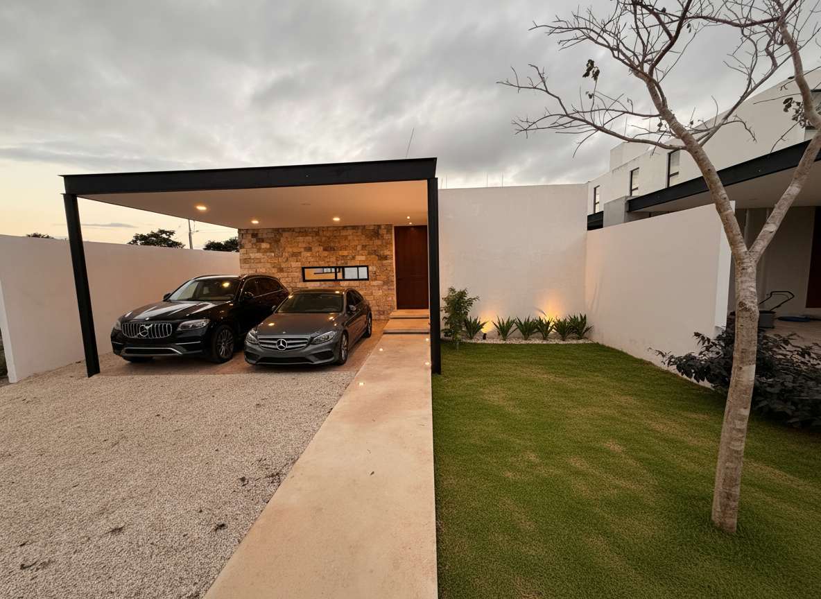 Fachada real del modelo Chaká con pérgola y muro de piedra, privada Oviedo