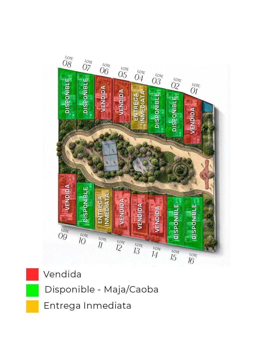 Masterplan de Oviedo con la disponibilidad por lote: vendidas, disponibles y entrega inmediata